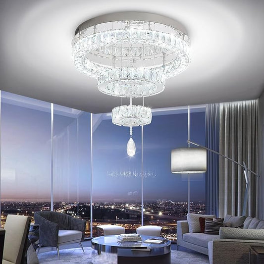 Flashing God Dia 20" Modern Crystal Chandelier for Dining Room Silver Ceiling Chandelier Flush Mount Ceiling Light for Living Room Bedroom Hallway LED Light Fixture Dimmable with Remote