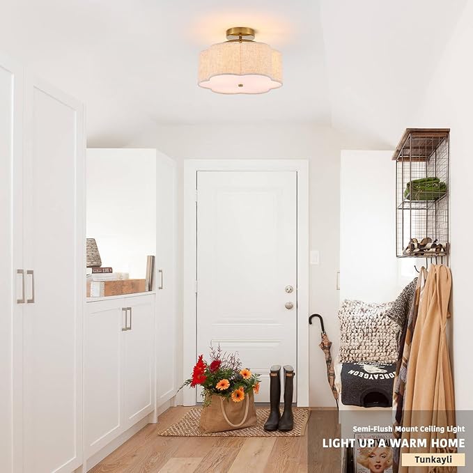 13.78" Semi Flush Mount Ceiling Light Modern 3-Lights Gold Drum Ceiling Light Fixture with Fabric Linen Shade, Vintage Modern Ceiling Lighting for Laundry Room, Kitchen, Basement, Bedroom