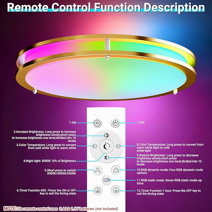 libtit 13 Inch RGB Flush Mount Ceiling Lights with Remote, 24W 5CCT 3000K-6500K&Dimmable, LED Light Fixture with Nightlight and Timer for Bedroom Livingroom Bathroom-Gold