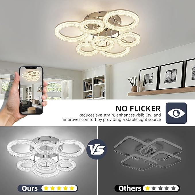 OKELI Modern Ceiling Light, 7 Rings 23'' Dimmable LED 106W Flush Mount Ceiling Lights with Remote Acrylic Crystal Round Ceiling Light Fixture, Bedroom Living Room Dining Room, Chrome