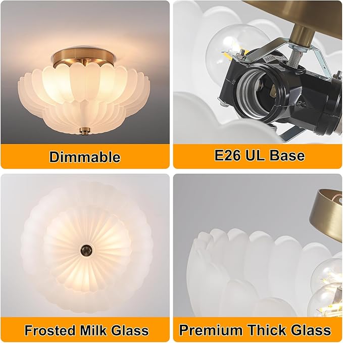 Milk Glass Flush Mount Ceiling Light - 11.6” Brass Semi Flush Mount Ceiling Light Fixture with Milk Glass，Mid Century Close to Ceiling Light for Bedroom, Living Room, Hallway, Entryway