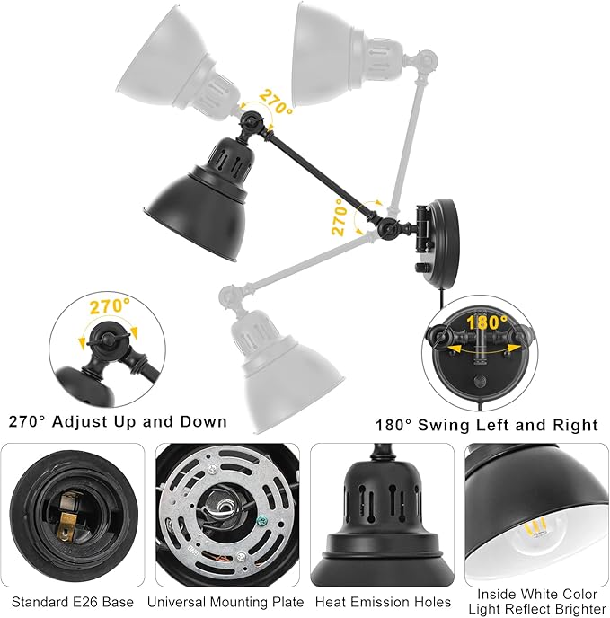 Plug in Wall Sconces Set of Two with Remote, Stepless Dimming & Stepless Colors 2700K-6500K, Swing Arm Wall Lamp, Plug in Wall Light with Night Light & Timer, Hardwired or Plug-in, LED Bulbs Included