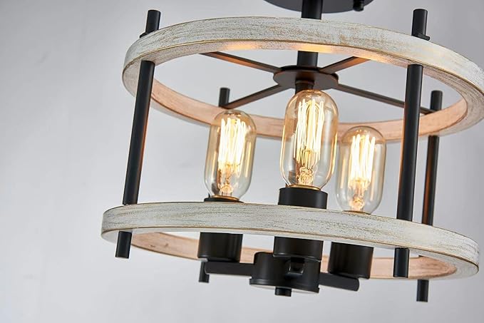 AGV LIGHTING Semi Flush Mount Ceiling Light Fixture, 3-Light Farmhouse Light Fixture Ceiling Mount White Ash Wood Texture Finish