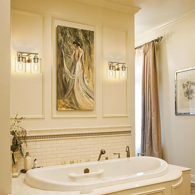 Gold Vanity Lights for Bathroom,2-Light Bathroom Light Fixtures,Brushed Brass Gold Wall Sconce Lighting,Modern Wall Lamp for Mirror Bedroom Vanity Table Hallway