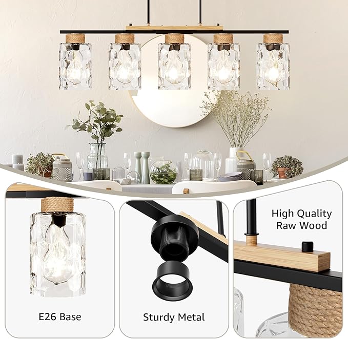 Island Light, Up-Grade Thickened Clear Glass 5-Light Dining Room Light Fixture with Adjustable Height, Farmhouse Linear Chandelier Over Table Kitchen Black Rustic Wood Ceiling Pendant Light Fixtures