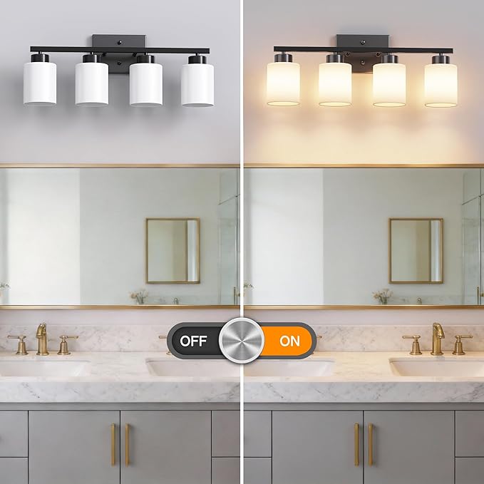 PARTPHONER 4-Light Matte Black Bathroom Light Fixtures, Modern Vanity Light Over Mirror Lighting, Wall Sconce with Frosted Milky White Glass Shades for Bedroom Living Room Kitchen Hallway