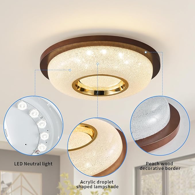 Modern LED Flush Mount Ceiling Light Fixture with Peach Wood Frame Lampshade,Round Ceiling Lights for Bedroom,Hallway and Porch,Farmhouse Ceiling Lamp with 18W 4000K Light Color,12 inch