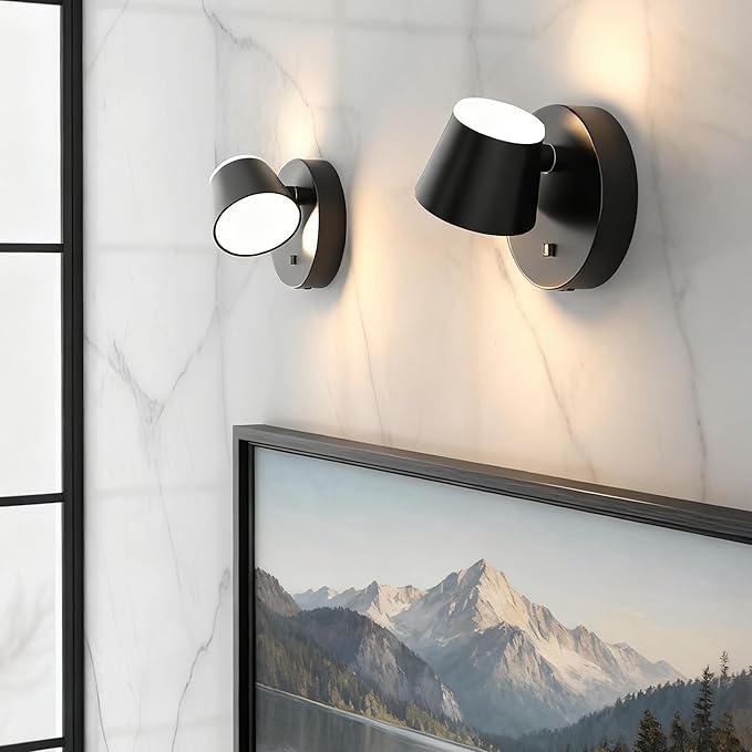 URSOLA Battery Operated Wall Sconce with Remote, LED Rechargeable Battery Wall Light with 9000mAh 3CCT and Dimmable Magnetic 360° Rotation Cordless Light for Bedroom（Black）