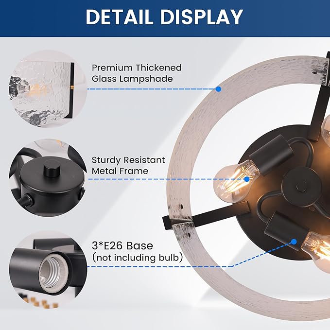 15'' Modern Black Semi Flush Mount Ceiling Light Fixtures, 3-Light Glass Ceiling Mount Light Fixtures, Close to Ceiling Light Fixtures for Kitchen Foyer Entryway Bedroom Hallway Laundry
