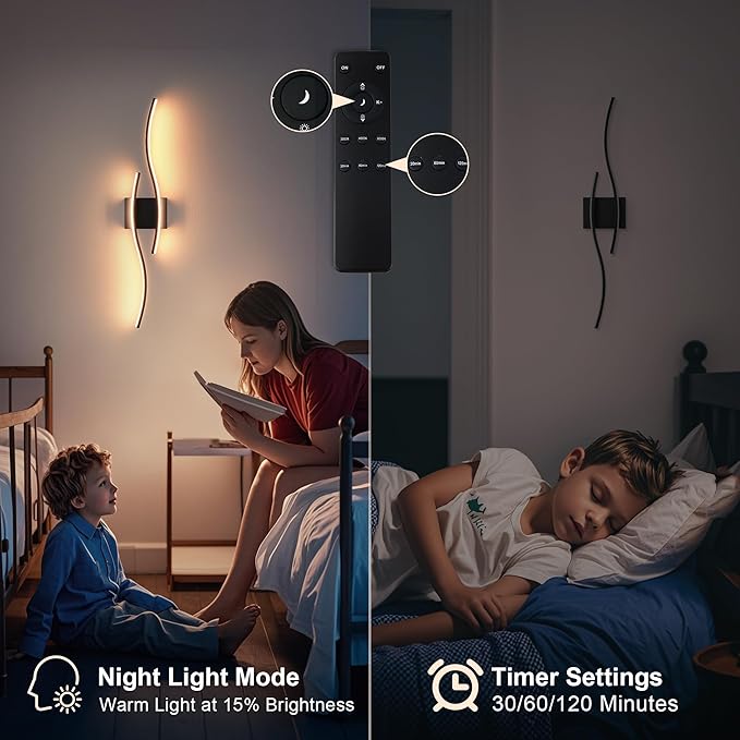 KARTOOSH Battery Operated Wall Sconces Set of Two with Remote Control, Dimmable/3 Color/Night-Light/Timer/Memory, Black Modern Wireless LED Sconce for Living Room, Hallway, Bedroom, 27.5 Inch (2 Pack)
