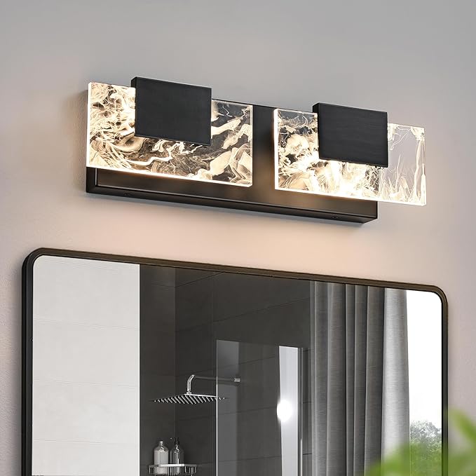 LED Bathroom Vanity Light: 16in Matte Black Acrylic Modern Lighting Fixtures - 2-Light Contemporary Smoke Design Wall Lights Fixture Over Mirror 3000K