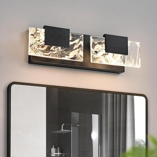 LED Bathroom Vanity Light: 16in Matte Black Acrylic Modern Lighting Fixtures - 2-Light Contemporary Smoke Design Wall Lights Fixture Over Mirror 3000K