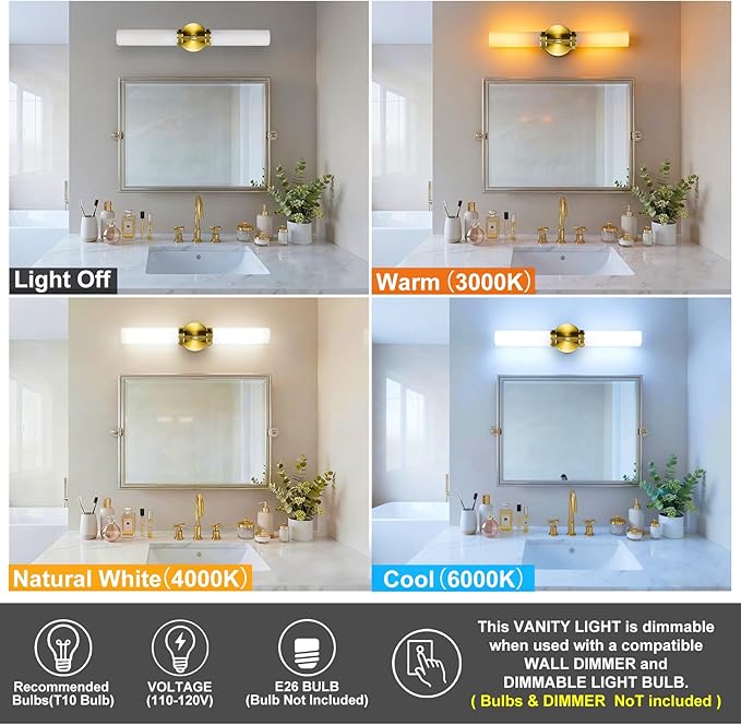 LaLuLa Gold Bathroom Vanity Light Fixtures – 2-Light Hardwired Wall Sconces with Frosted Glass Shades and Textured Metal Frame, Modern Vanity Lighting for Mirror, Bedroom, or Hallway, 25”