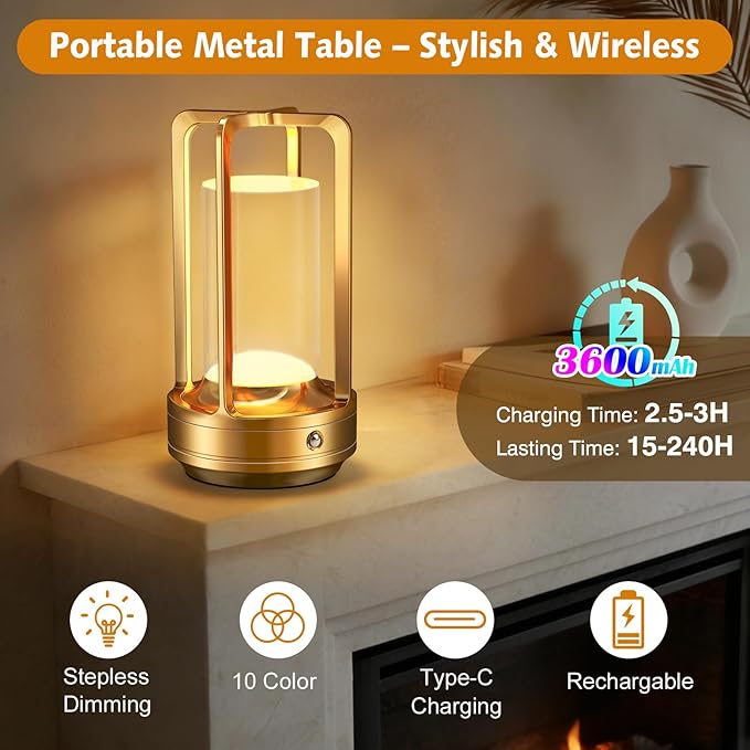 Portable Table Lamp for Outdoor Indoor: Cordless Rechargeable Desk Lamp with 10 Colors - Shower Lamp with Stepless Dimmable - Metal Battery Operated Lantern Light for Bedroom/Bar/Coffee Shop/Camping