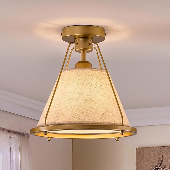 Gold Semi Flush Mount Ceiling Light Fixture with Fabric Shade Modern Bedroom Light Fixture Farmhose Close to Ceiling Light for Living Room Kitchen Hallway Entryway