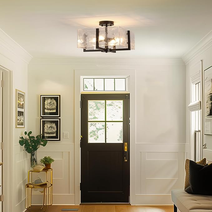 Black Semi Flush Mount Ceiling Light 4-Light Glass Light Fixtures Ceiling Mount,14.96" Modern Farmhouse Light Fixture for Foyer, Hallway, Entryway, Dining Room, Kitchen, Bedroom, Porch