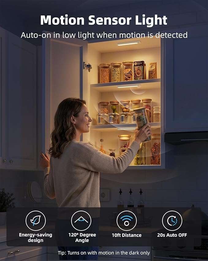 8inch Under Cabinet Lighting Wireless, 3-Pack Rechargeable Battery Motion Sensor Light Indoor, LED Closet Lights USB Charging, 3 Color Dimmable Under Cabinet Lights for Kitchen, Cabinet, Wardrobe.