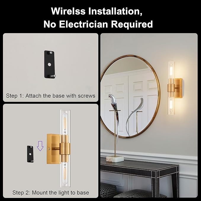 SANTOSTOCK Gold Battery Operated Wall Sconce Set of 2 with Remote Control, 12000mAh Rechargeable Wall Lights, Wireless Dimmable Wall Lamps for Bedroom Living Room Bathroom Hallway Entryway Stairwell