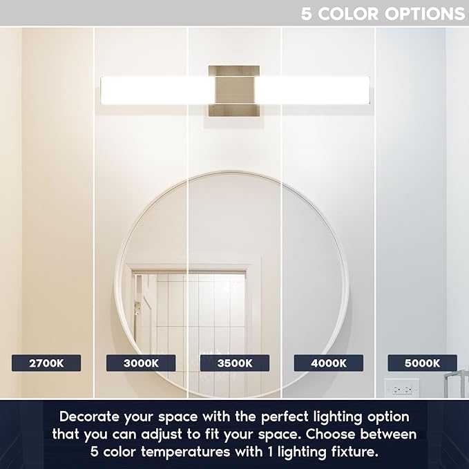 LUXRITE LED Bathroom Vanity Light Fixtures Square 24 Inch Brushed Nickel 5 CCT 2700K-5000K Selectable Over Mirror Vanity Lights Modern Wall Light Bar 24W 1500 Lumens CRI 90 Dimmable Damp Rated ETL