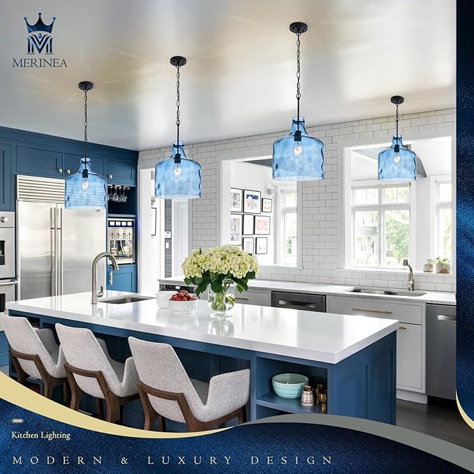Farmhouse Pendant Light – Hand-Blown Blue Hammered Glass Shade, Black Finish, E26 Socket, Adjustable Chain Hanging Light Fixture for Kitchen Island, Dining Room & Hallway, 15" H x 12" D