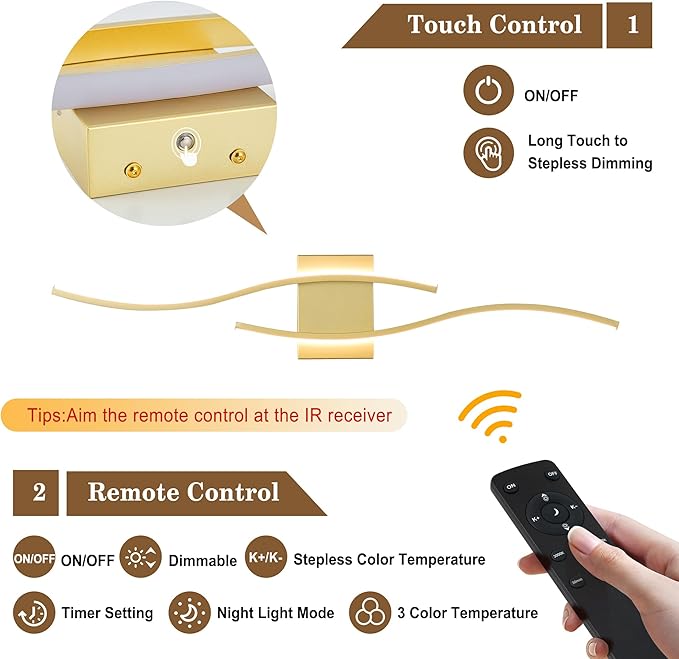 KARTOOSH Battery Operated Wall Sconces Set of Two with Remote Control, Dimmable/3 Colors/Night-Light/Timer/Memory, Gold Modern Wireless LED Sconce for Living Room, Hallway, Bedroom, 31.4 Inch (2 Pack)