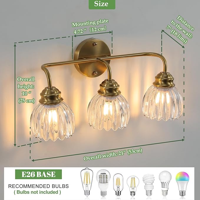 3 Light Vintage Bathroom Light Fixtures, Gold Bathroom Vanity Light, Brass Finish with Clear Tulip Glass Shade, Wall Lighting for Bedroom, Living Room, Hallway,E26 Base