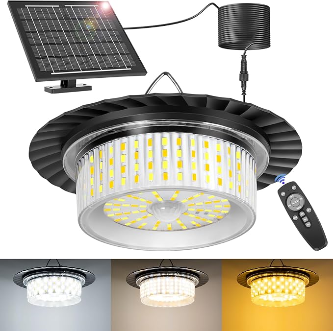 Solar Shed Light Indoor Outdoor, Upgrade Pendant Light 244 LED Three Colors 360° Lighting with Motion Sensor, Waterproof Solar Lights with 3 Modes, Remote & Timer for Shed Gazebo Garage Barn