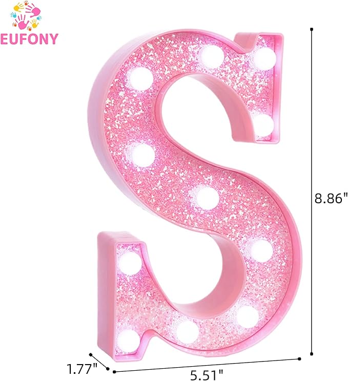 Pink Marquee Light Up Letters, Glitter Alphabet LED Letter Lights for Pink Birthday Party Decorations, Battery Operated Letter Sign for Girls Room Vanity Table Decor, Cool White Lights Letter S