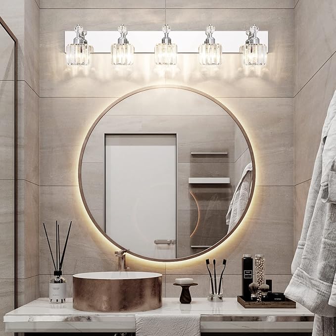 PRESDE Crystal 5-Light Vanity Light for Bathroom，Chrom Modern Bathroom Lights Fixtures Over Mirror
