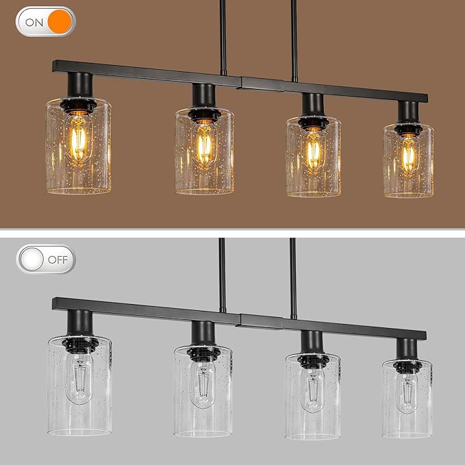 4-Light Kitchen Island Lighting, Black Simplicity Bar Island Lights for Kitchen, Farmhouse Chandelier with Adjustable Height & Seeded Glass Shades, Linear Hanging Dining Room Light Fixture Over Table