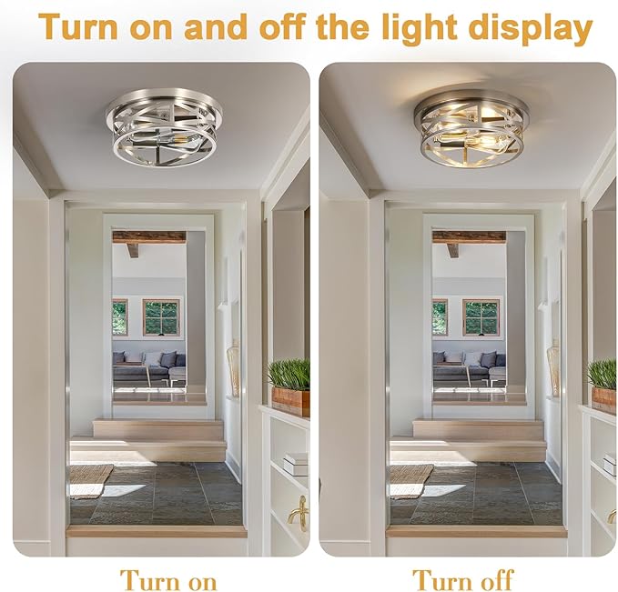 Flush Mount Ceiling Light Fixtures, Indoor Cage Brushed Nickle Close to Ceiling Light, 11 in Metal Modern Rustic Industrial House Lights for Hallway Kitchen Bedroom Entryway Office