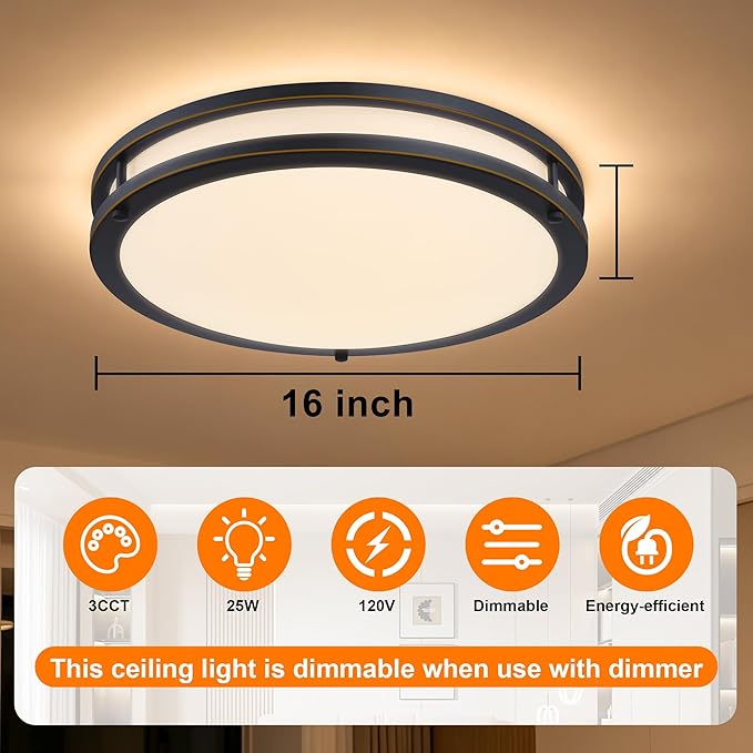 16 Inch Oil Rubbed Bronze LED Ceiling Light 3000K/4000K/5000K Dimmable 16in Round Flush Mount Ceiling Lights Oil Rubbed Bronze Bathroom Bedroom Ceiling Light Fixture for Hallway Entrance,25W