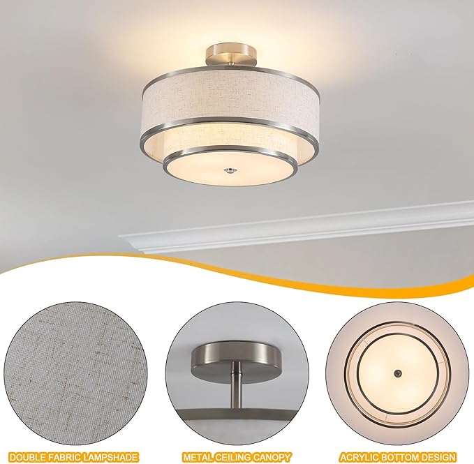Semi Flush Mount Ceiling Light, 3-Light Double Drum Ceiling Light Fixture with Fabric Shade, Farmhouse Chandelier Dining Room Light Fixture for Bedroom, Kitchen, Hallway (Brushed Nickel)