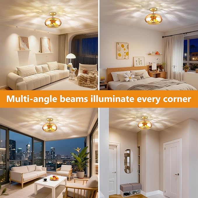 Ceiling Light Fixture, 14''& 3-Light Amber Vintage Semi Flush Mount Ceiling Light, Brass Rainbow Indoor Lampshade for Farmhouse, Bedroom, Kitchen, Living Room, Hallway Bulbs Not Included