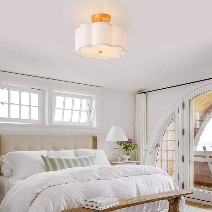 Bargeni Semi Flush Mount Ceiling Light,13 inch Modern Ceiling Light Fixture,Gold Light Fixtures Ceiling Mount with Flower-Shaped Fabric Shade, Flush Mount Light Fixture for Bedroom,Living Room,Hallway