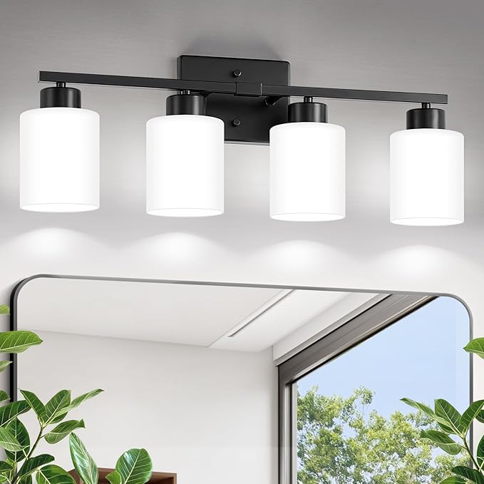 Black Bathroom Light Fixtures, 4-Light Modern Vanity Lights with Milky White Frosted Glass Shades, Wall Sconces for Mirror, Bathroom, Restroom (E26 Socket)