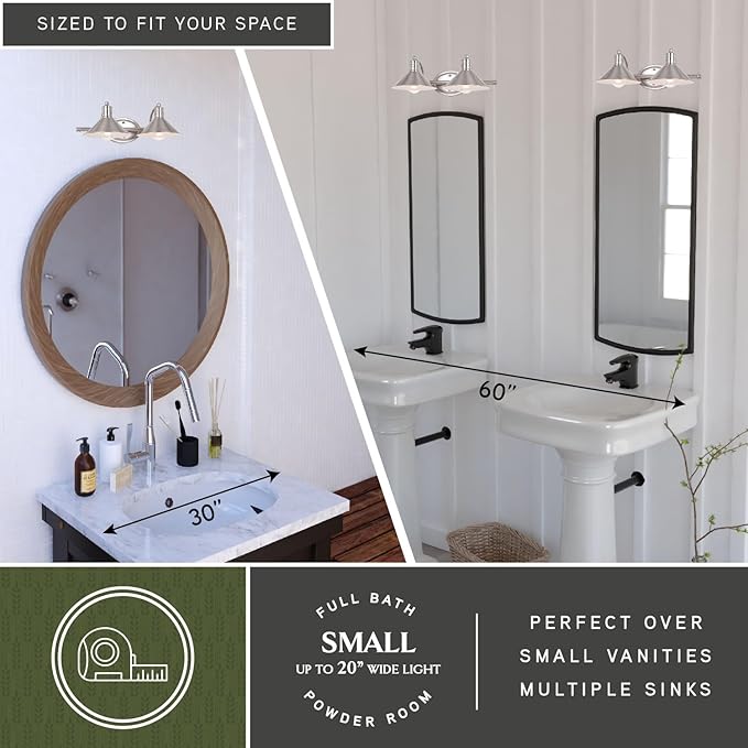 VAXCEL Akron 2-Light 18 inch Wide Satin Nickel and Matte White Farmhouse Bathroom Vanity Lighting Fixture, Metal Shade, Dimmable, LED Compatible, Over The Mirror Mounted Steel Wall Sconce