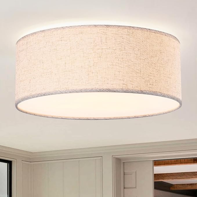 15.7-inch Modern Ceiling Light with Natural Linen Shade, Three-Light recessed Drum Fixture, UL-Certified for bedrooms, Kitchens, Living Rooms, hallways, and porches.