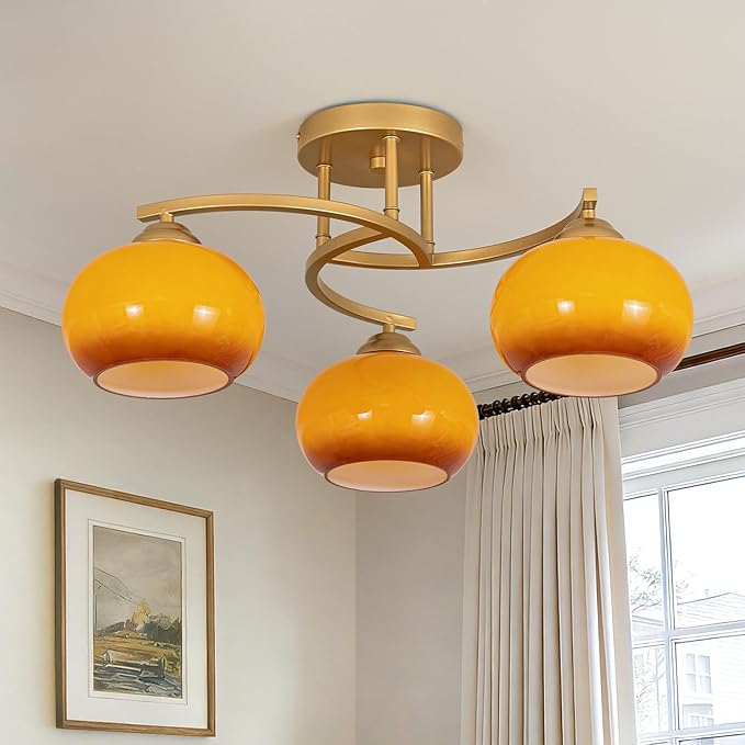 Semi Flush Mount Ceiling Light Fixture Modern Gold Globe Sputnik Chandeliers 3 Light Mid Century Orange Vintage Glass Chandelier for Dining Room Kitchen Bedroom Living Room Foyer Hallway