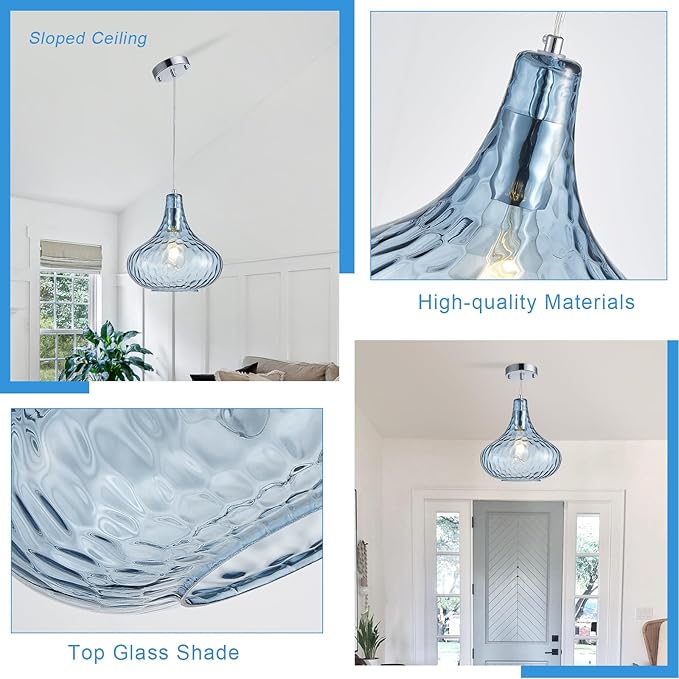 11" Blue Hammered Glass Pendant Light - Brushed Nickel Finish Industrial Ceiling Fixture with Blown Glass for Kitchen Island Dining Room Hallway Living Room
