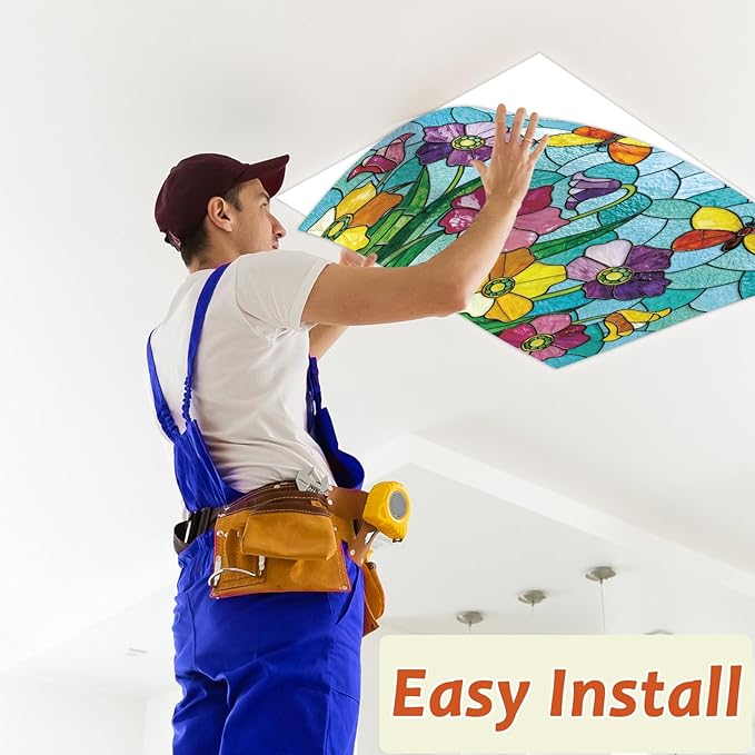 8Pcs Fluorescent Light Covers with 80 Magnets Decorative for Classroom Ceiling Lights 4x2Ft Magnetic Light Covers Filter Easy Install for Office Hospital Home Drop Ceiling Supply(Stained Glass Floral)