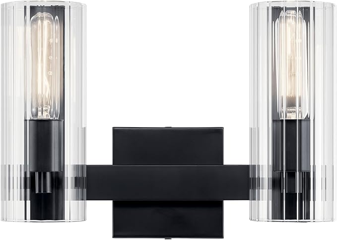 Kichler Jemsa 2-Light Bathroom Vanity Light Fixture with Clear Fluted Glass in Black, Modern Wall Mount Light for Bathroom or Powder Room (9.75" x 13.75"), 55167BK