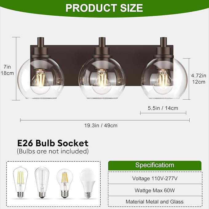 IZORRO Bathroom Light Fixtures, 3 Light Oil Rubbed Bronze Vanity Light, Modern Wall Sconces with Globe Clear Glass Shade, Vanity Lighting Fixtures Over Mirror,E26 Bulb Socket