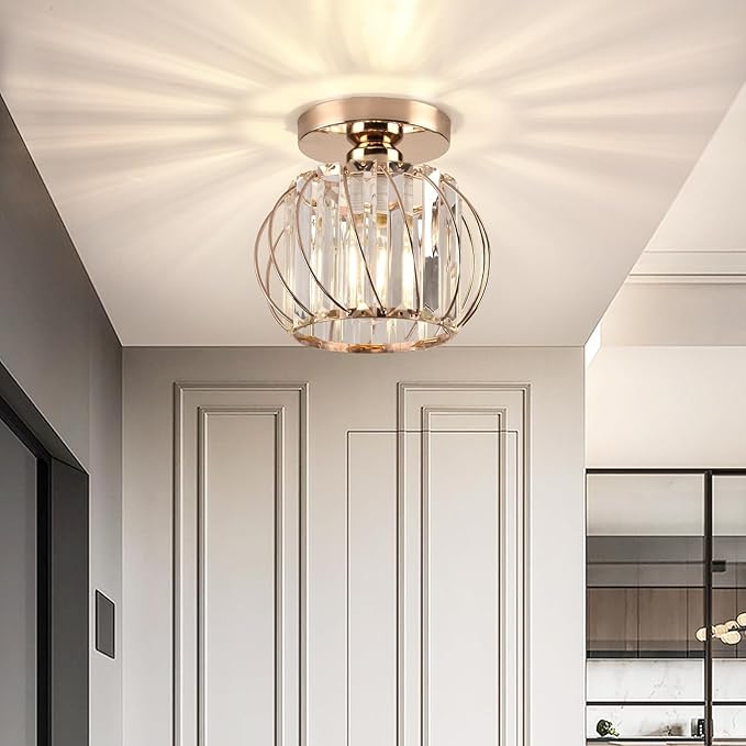 Crystal Ceiling Light, Crystal Semi Flush Mount Ceiling Light Gold Crystal Chandelier for Kitchen Hallway Entrance Balcony Dining Rooms Living Rooms Bar Farmhouse