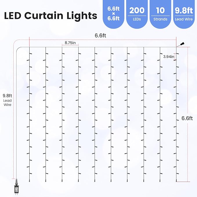 HEYFUNi 6.6ft x 6.6ft Warm White Curtain Lights Plug in - 200 LED Window String Lights with Remote, 8 Modes, Timer & Memory, Connectable Fairy Lights for Bedroom Wall Wedding Dorm Decor, White