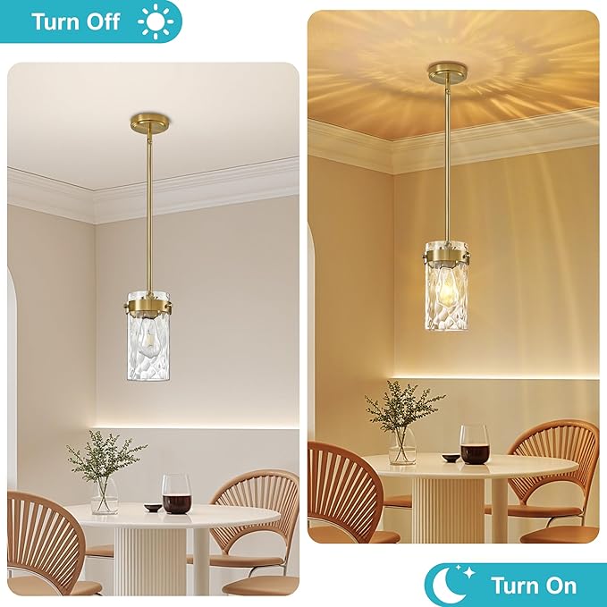 Hammered Glass Pendant Lighting for Kitchen Island 2 Pack, Modern Brushed Gold Pendant Light Fixtures 4.72", Adjustable Ceiling Pendant Light for Kitchen Island Dining Room Hallway
