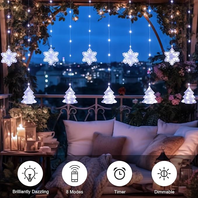 BLOOMWIN Christmas Window Lights Indoor - 2M 160 LED Christmas Window Decorations, Snowflake Curtain Hanging Fairy String Icicle Lights for Xmas Noel Bedroom Holiday Home Outdoor, Cold White USB