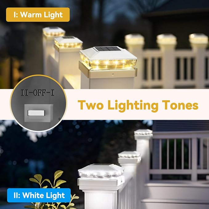 KEILAIMO Solar Post Cap Lights Outdoor, 2 Pack Upgraded Waterproof Deck Fence Post Solar Lights for 3.5x3.5 4x4 5x5 Vinyl/Wood Posts, 10-12 Hours Warm/Cool White Glow for Garden/Patio/Porch - White