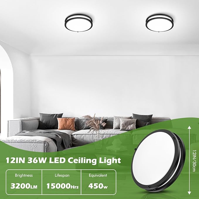2-Pack 36W LED Flush Mount Ceiling Lights, 3200LM Black Ceiling Light Fixtures, 5 Color in One (2700K/3000K/4000K/5000K/6500K), 12'' Modern Round Ceiling Lamp for Kitchen Hallway Stairwell Offices