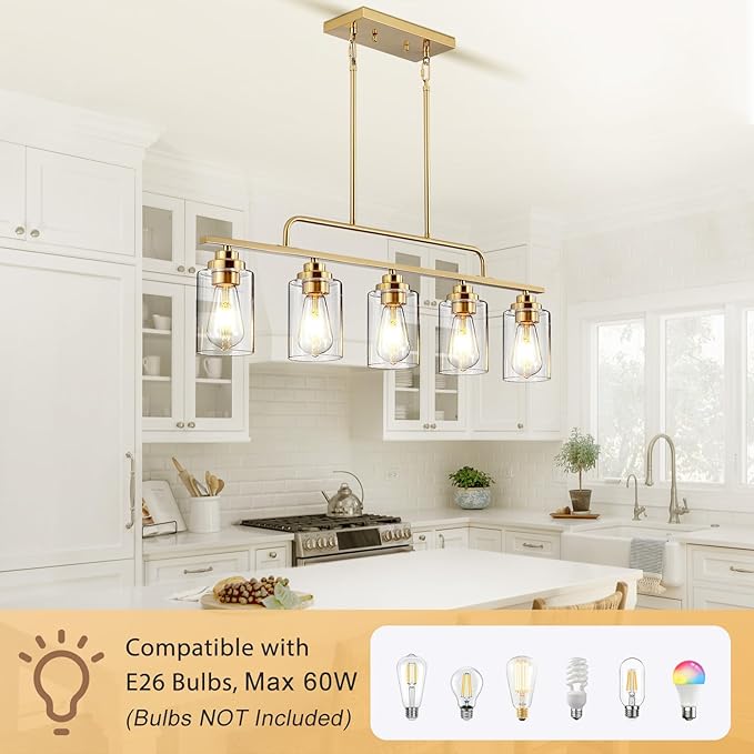 Dining Room Light Fixture - Brushed Gold 5-Light Farmhouse Chandelier Kitchen Island Lights Fixtures Modern Linear Chandeliers Hanging Pendant Lighting Over Table for Dining Room